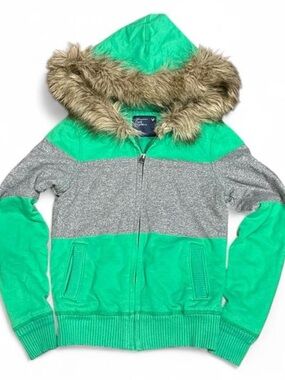 Y2K American Eagle Striped Faux Fur Hood Zip Up Hoodie